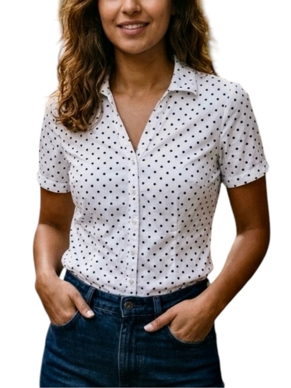 Women Short Sleeves Polka Dots Blouse Top Size S